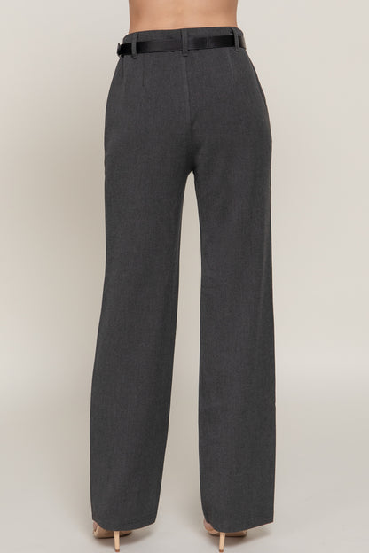 Women's Semi Flare Pants with Faux Leather Belt Two-Tone Woven Fabric