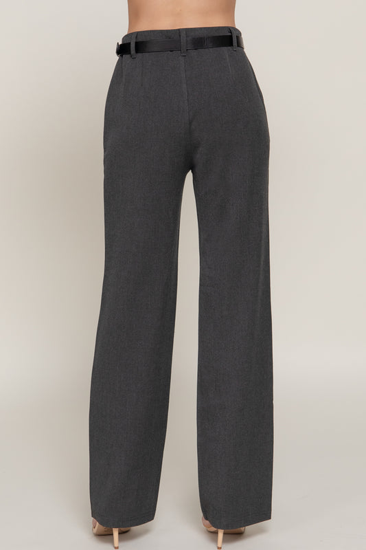 Women's Semi Flare Pants with Faux Leather Belt Two-Tone Woven Fabric