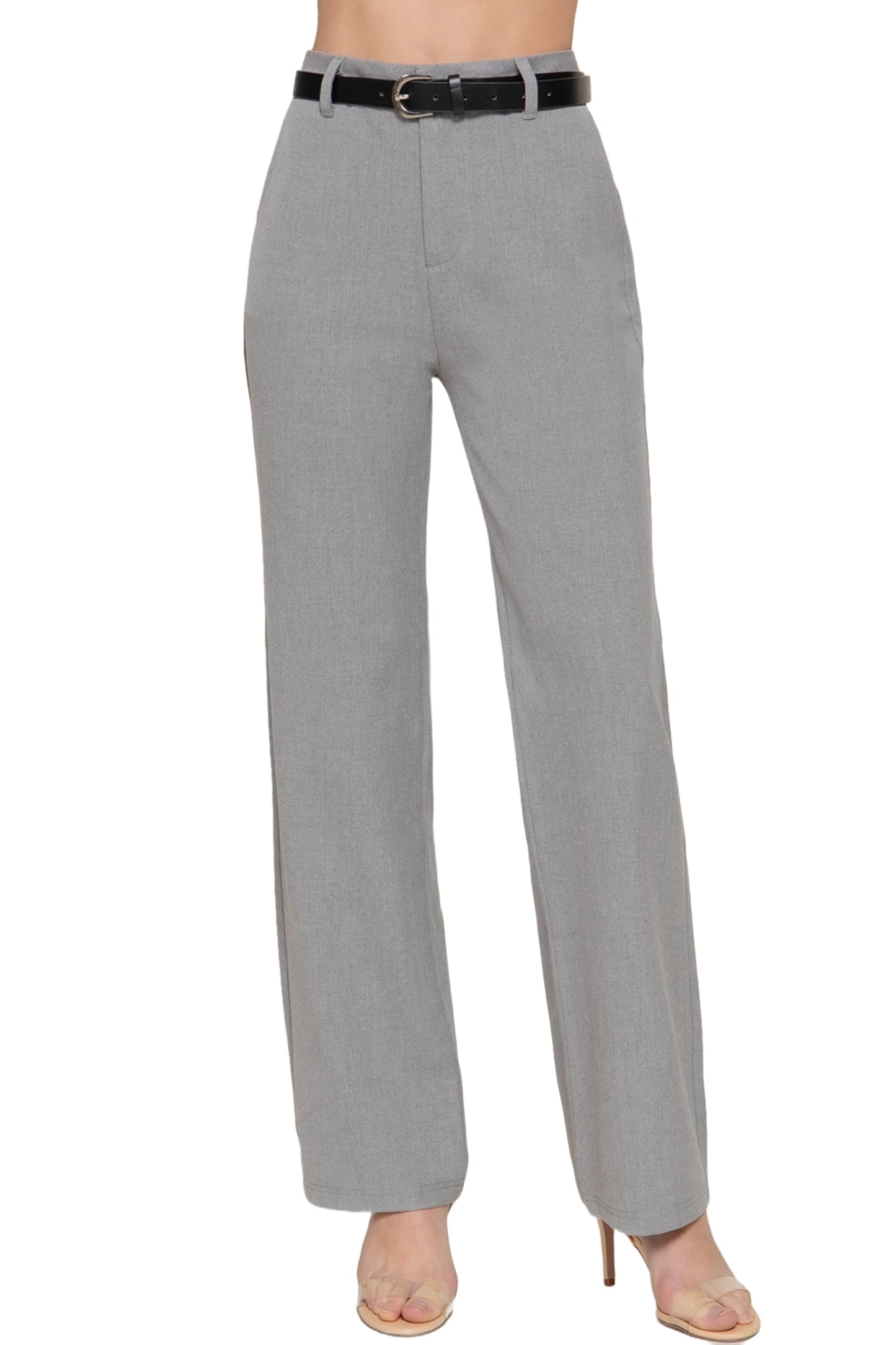 Women's Semi Flare Pants with Faux Leather Belt Two-Tone Woven Fabric