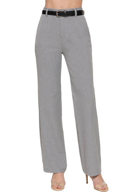 Women's Semi Flare Pants with Faux Leather Belt Two-Tone Woven Fabric