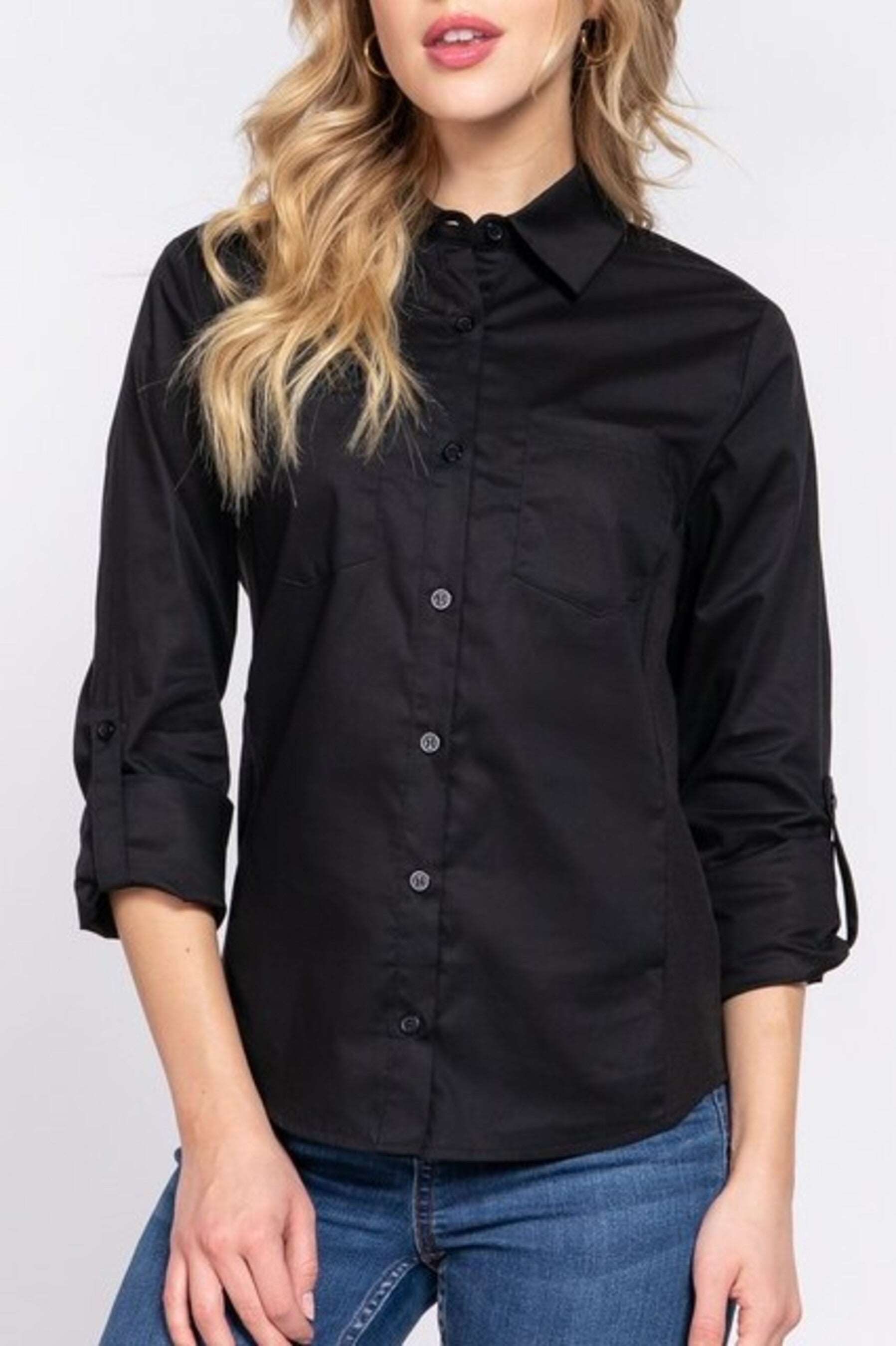 Women's 3/4 Roll up sleeve side rib panel stretch shirt