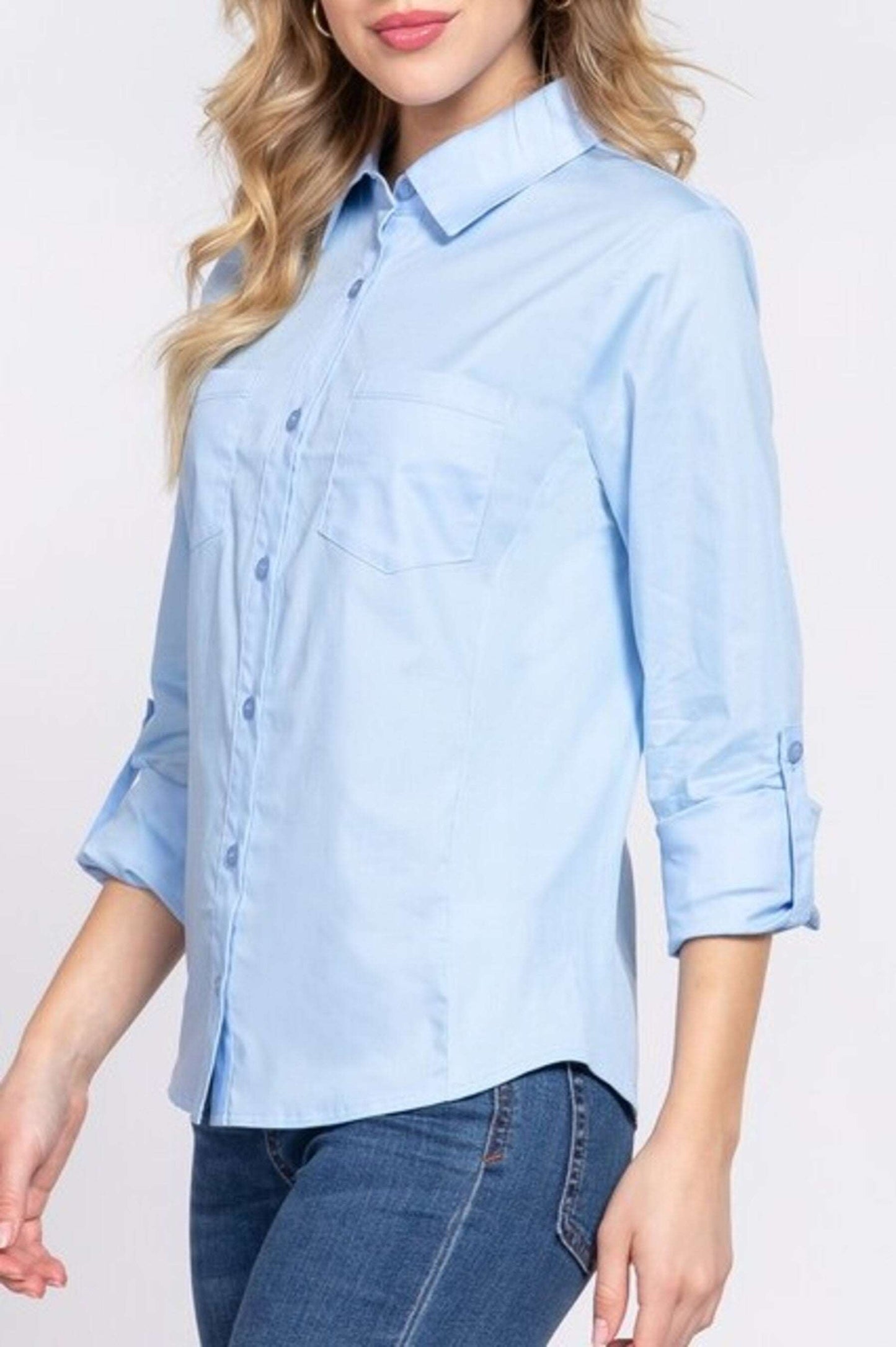 Women's 3/4 Roll up sleeve side rib panel stretch shirt