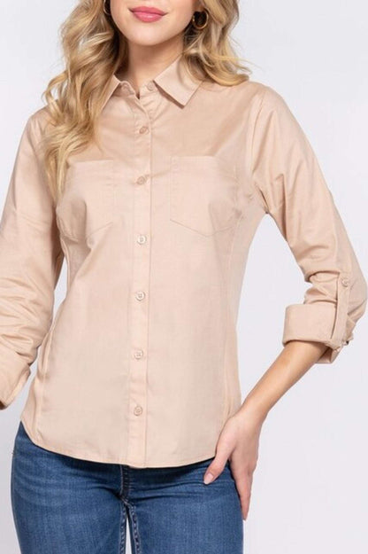 Women's 3/4 Roll up sleeve side rib panel stretch shirt