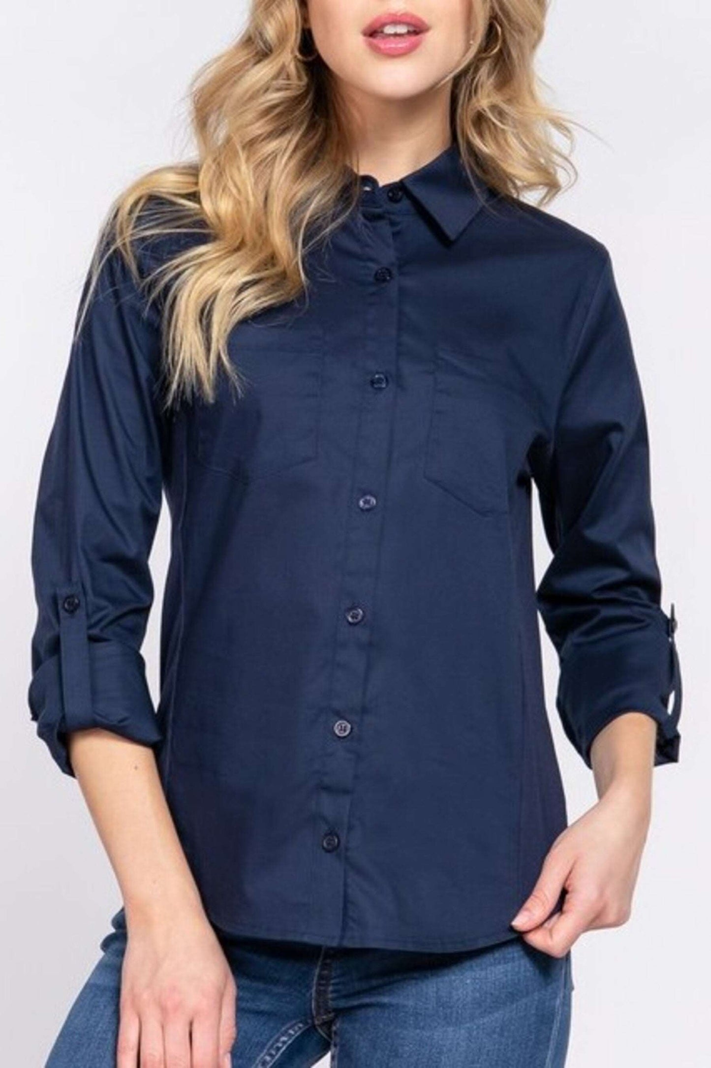 Women's 3/4 Roll up sleeve side rib panel stretch shirt