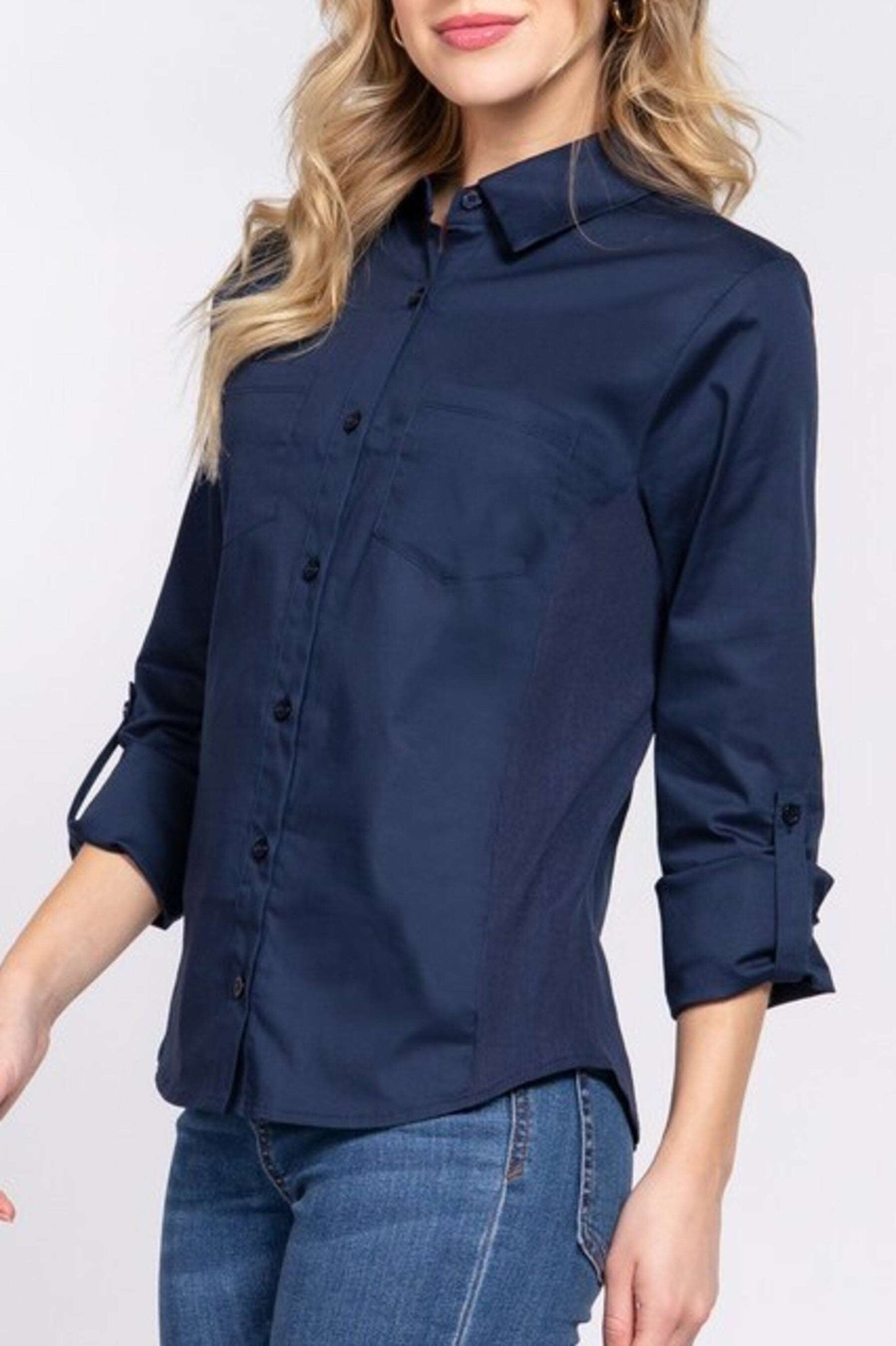 Women's 3/4 Roll up sleeve side rib panel stretch shirt