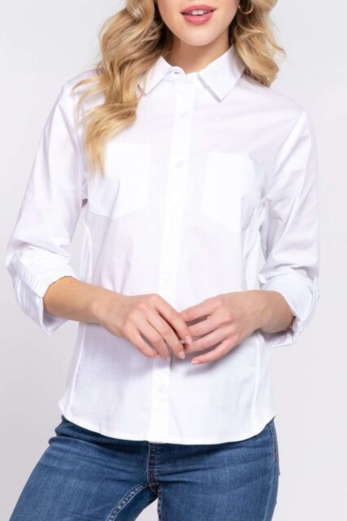 Women's 3/4 Roll up sleeve side rib panel stretch shirt