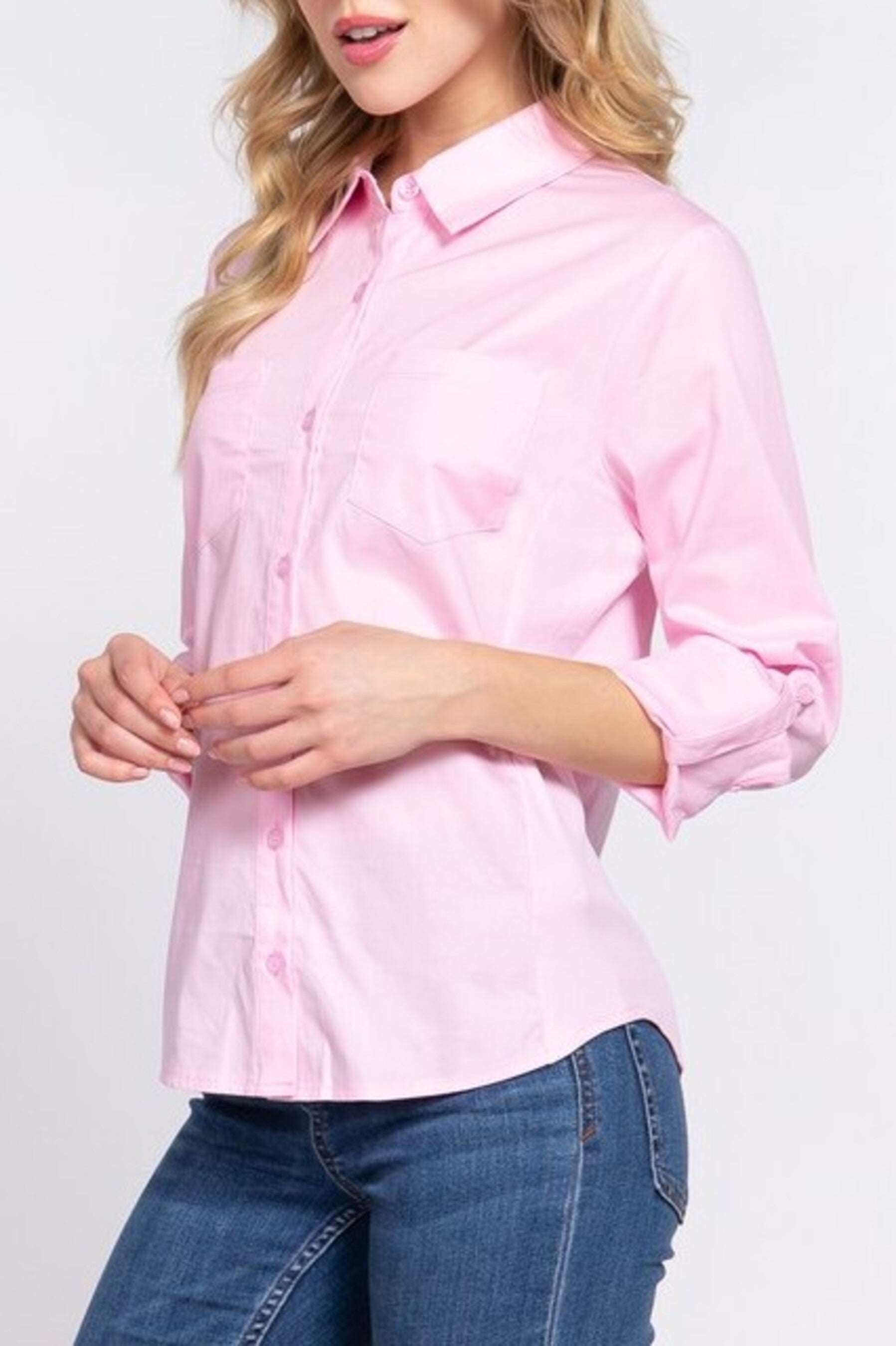 Women's 3/4 Roll up sleeve side rib panel stretch shirt