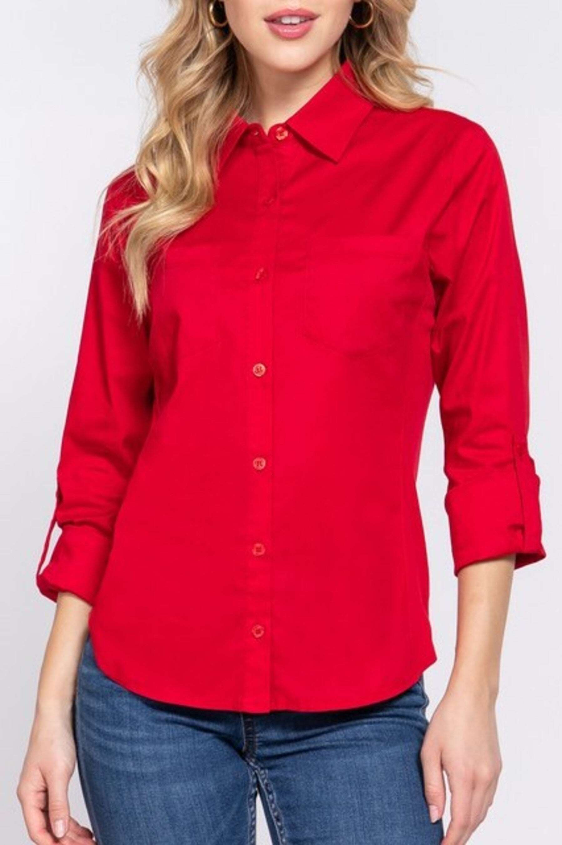 Women's 3/4 Roll up sleeve side rib panel stretch shirt