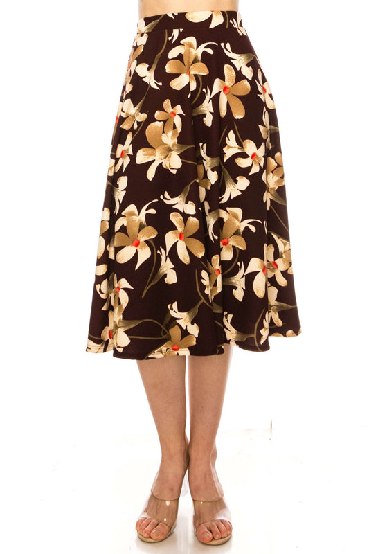 Women's A-line midi skirt with flowers and elastic waistband