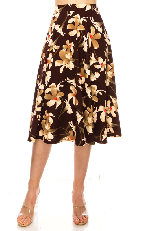 Women's A-line midi skirt with flowers and elastic waistband