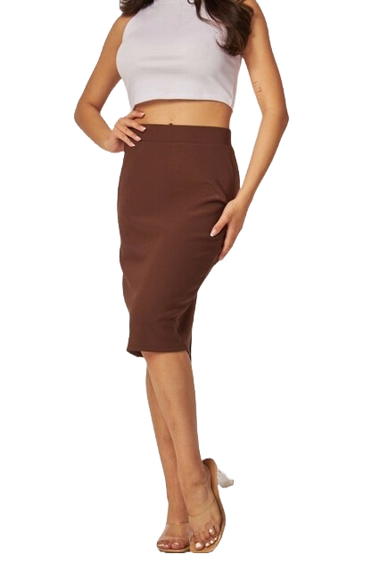 Women's Scuba Pencil Skirt High Rise, Below-the-Knee Length, Stretch Fit