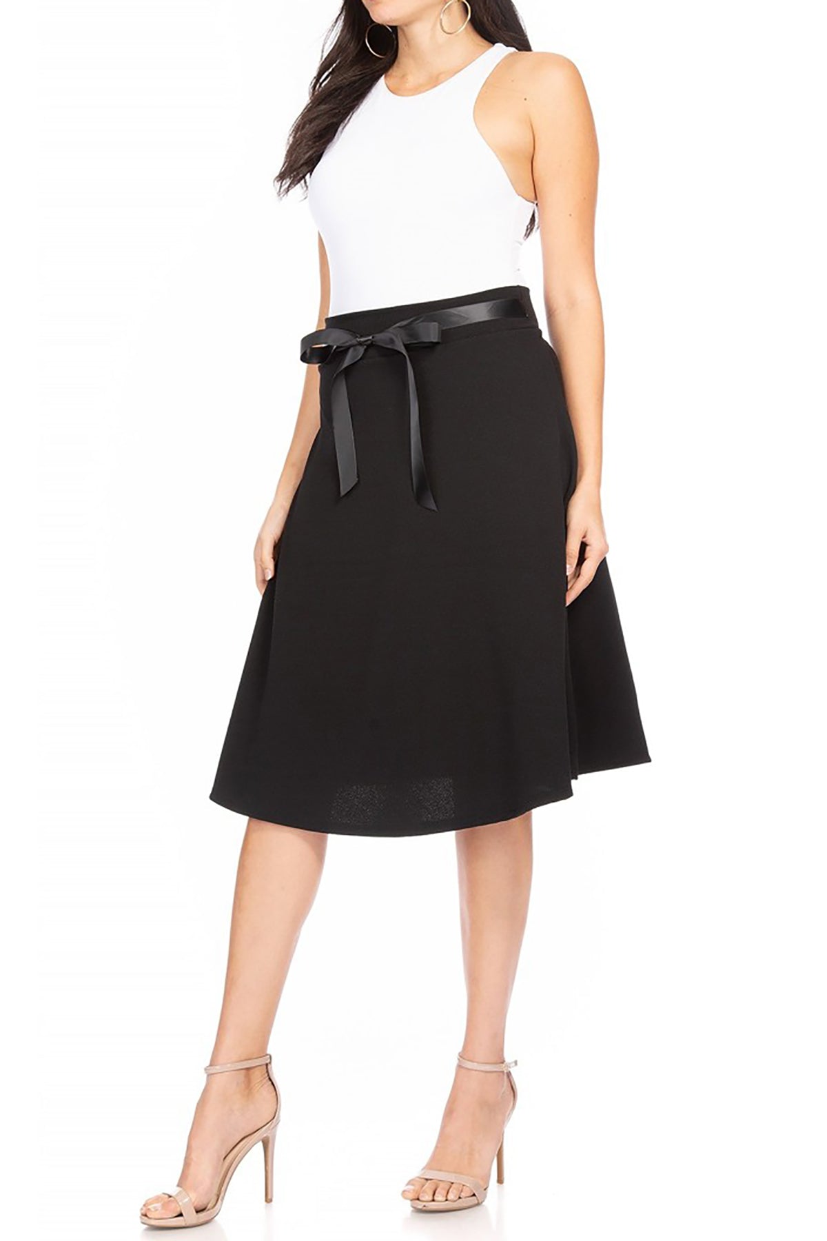 Women's Elegant A-Line Midi Skirt - High Waist with Bow Tie Detail