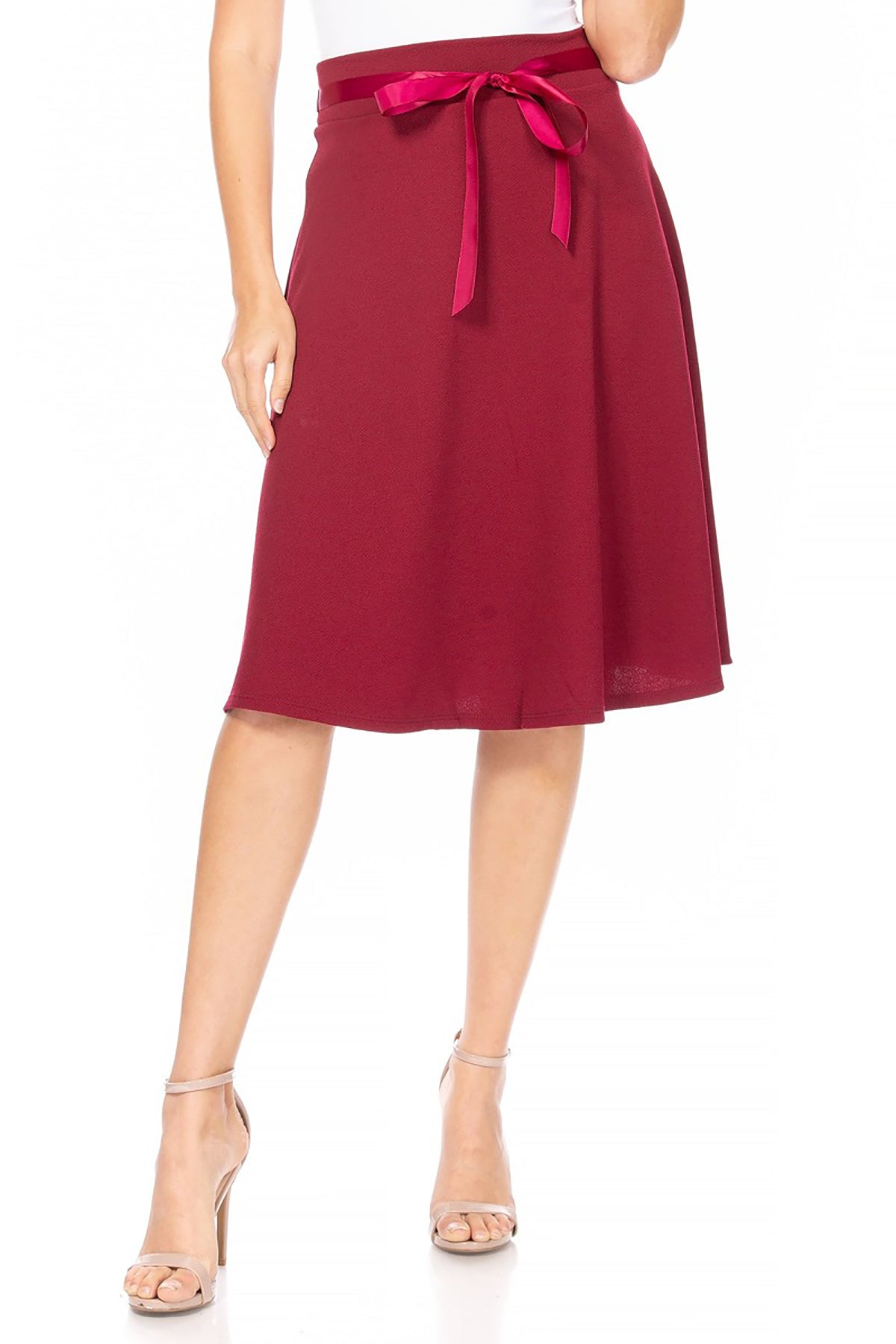 Women's Elegant A-Line Midi Skirt - High Waist with Bow Tie Detail