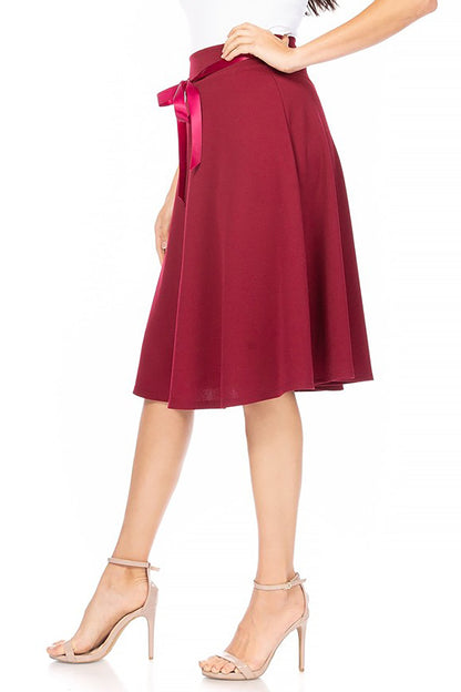 Women's Elegant A-Line Midi Skirt - High Waist with Bow Tie Detail