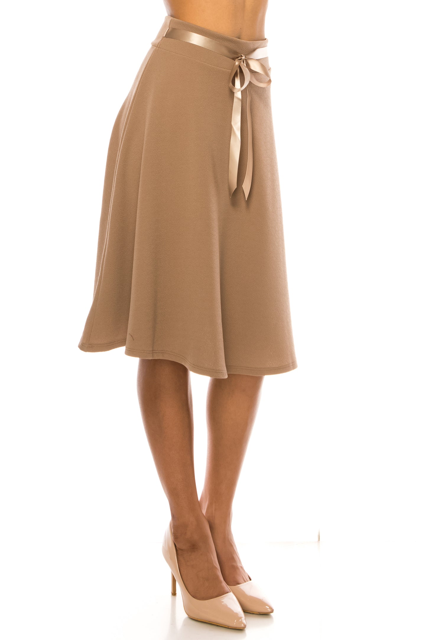 Women's Elegant A-Line Midi Skirt - High Waist with Bow Tie Detail