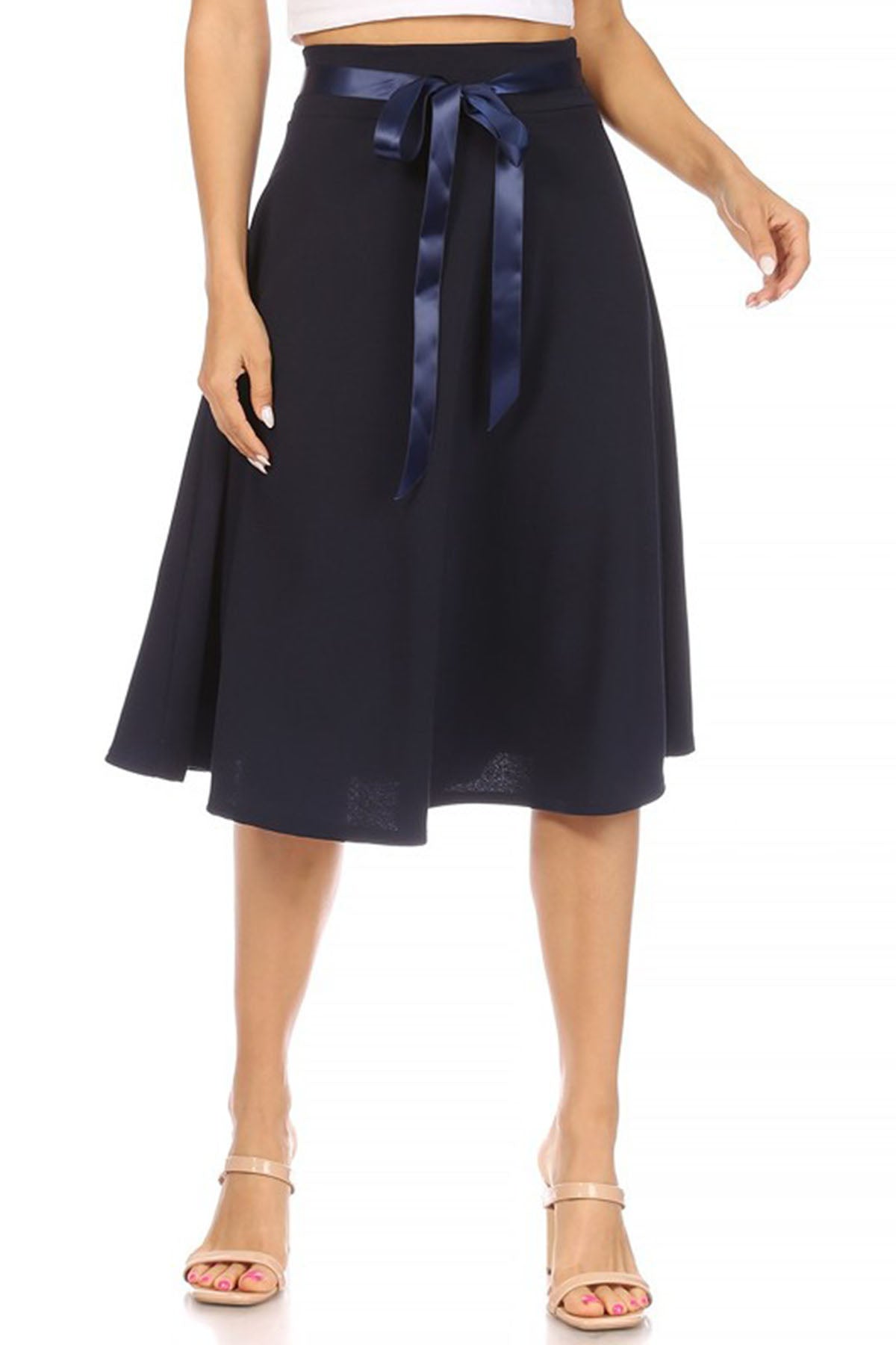 Women's Elegant A-Line Midi Skirt - High Waist with Bow Tie Detail