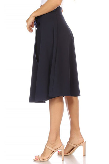 Women's Elegant A-Line Midi Skirt - High Waist with Bow Tie Detail