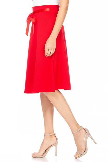 Women's Elegant A-Line Midi Skirt - High Waist with Bow Tie Detail