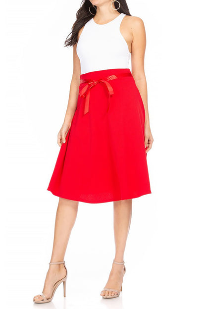 Women's Elegant A-Line Midi Skirt - High Waist with Bow Tie Detail