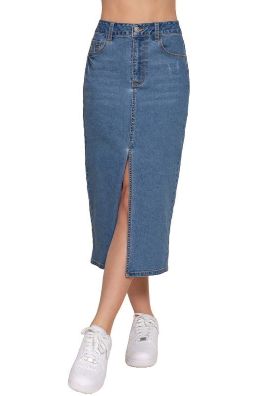 Women's Front Slit Midi Denim Skirt Soft Stretch Fabric Casual Chic