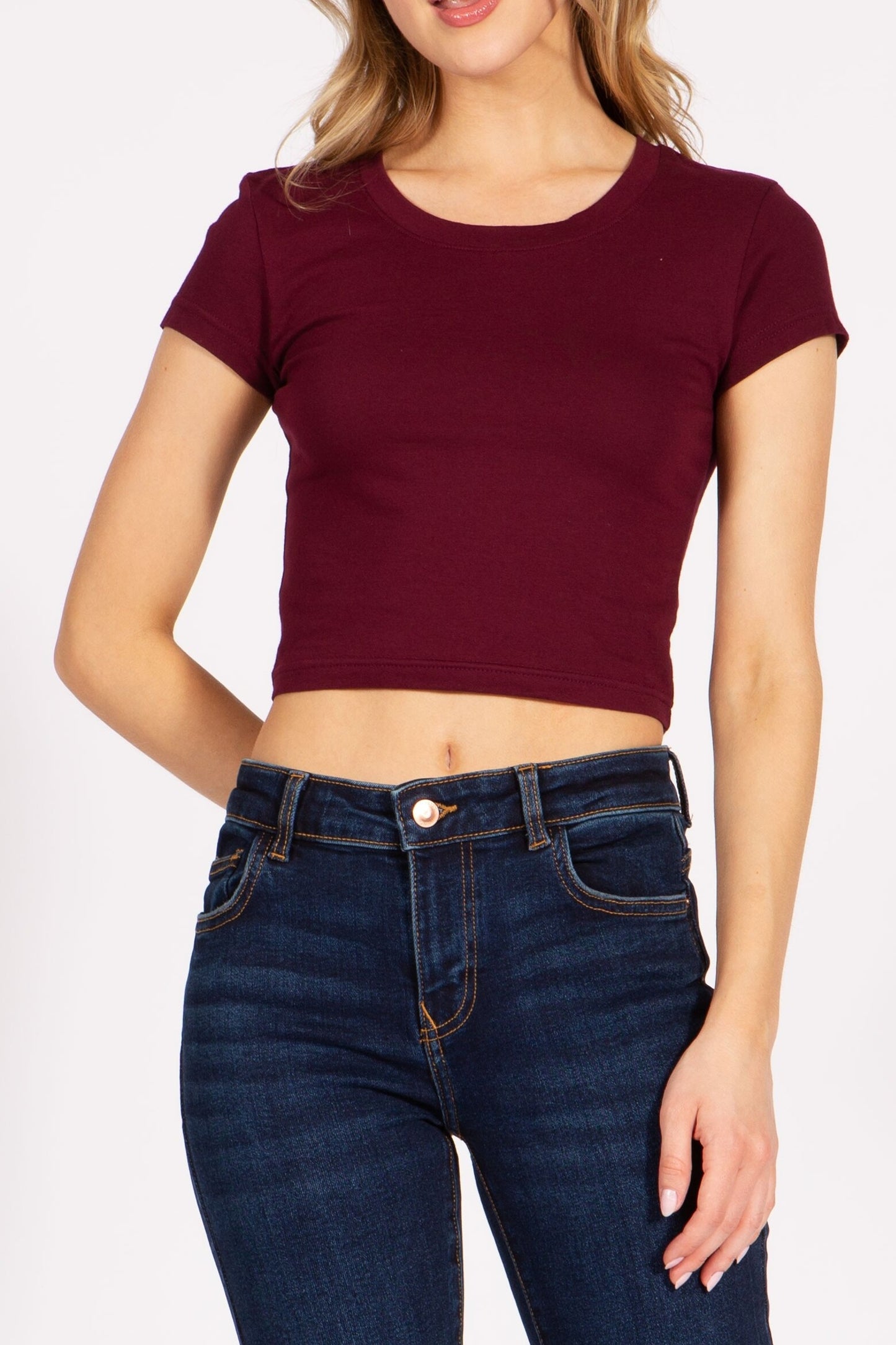 Women's Solid Stretch Cropped Tee – Round Neck Short Sleeve Style