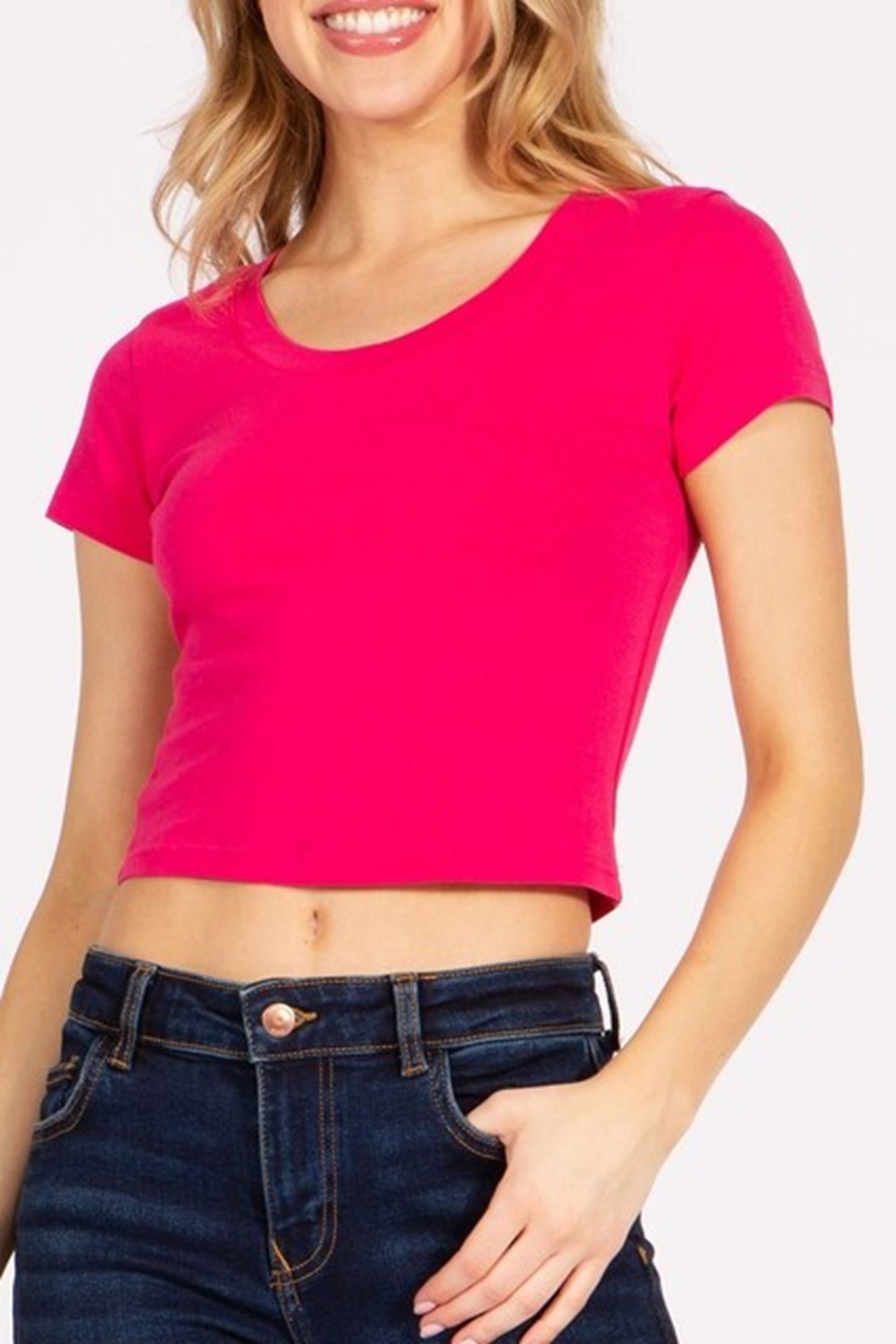 Women's Solid Stretch Cropped Tee – Round Neck Short Sleeve Style