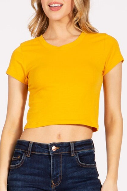 Women's Solid Stretch Cropped Tee – Round Neck Short Sleeve Style