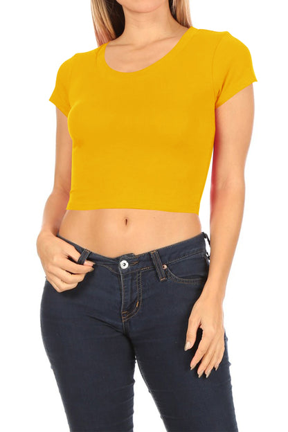 Women's Solid Stretch Cropped Tee – Round Neck Short Sleeve Style