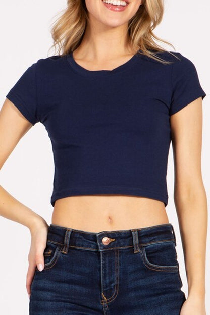 Women's Solid Stretch Cropped Tee – Round Neck Short Sleeve Style