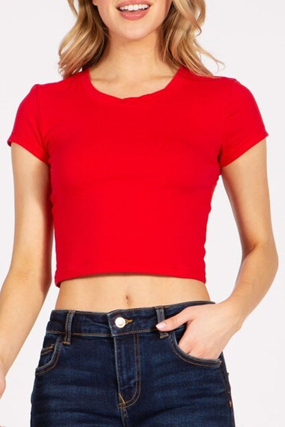 Women's Solid Stretch Cropped Tee – Round Neck Short Sleeve Style