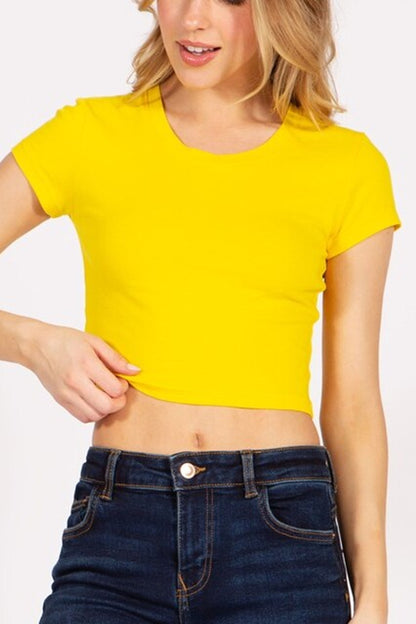 Women's Solid Stretch Cropped Tee – Round Neck Short Sleeve Style