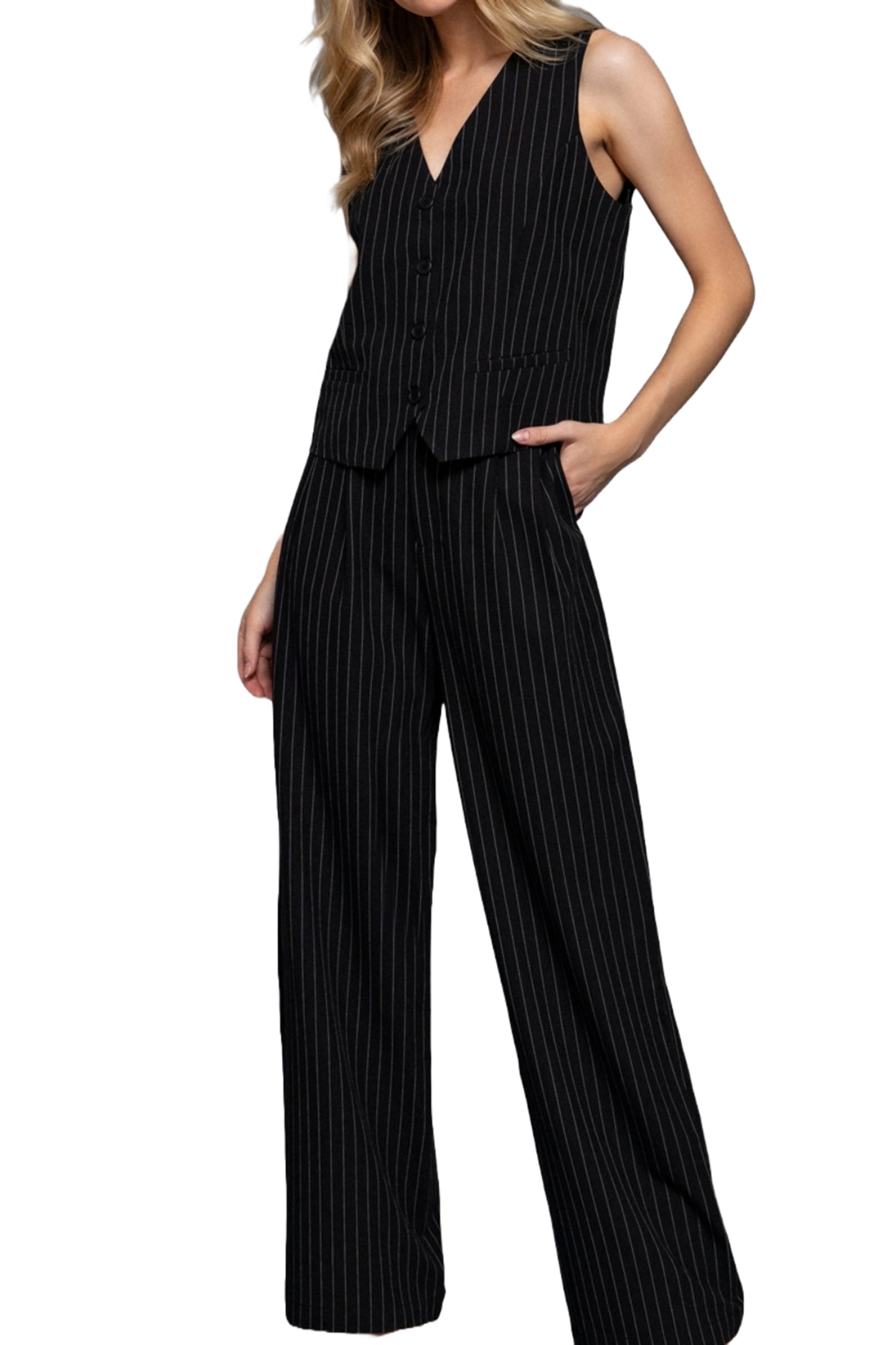 Women's Chic Pinstripe Pants Straight-Leg Design  Durable Woven Fabric