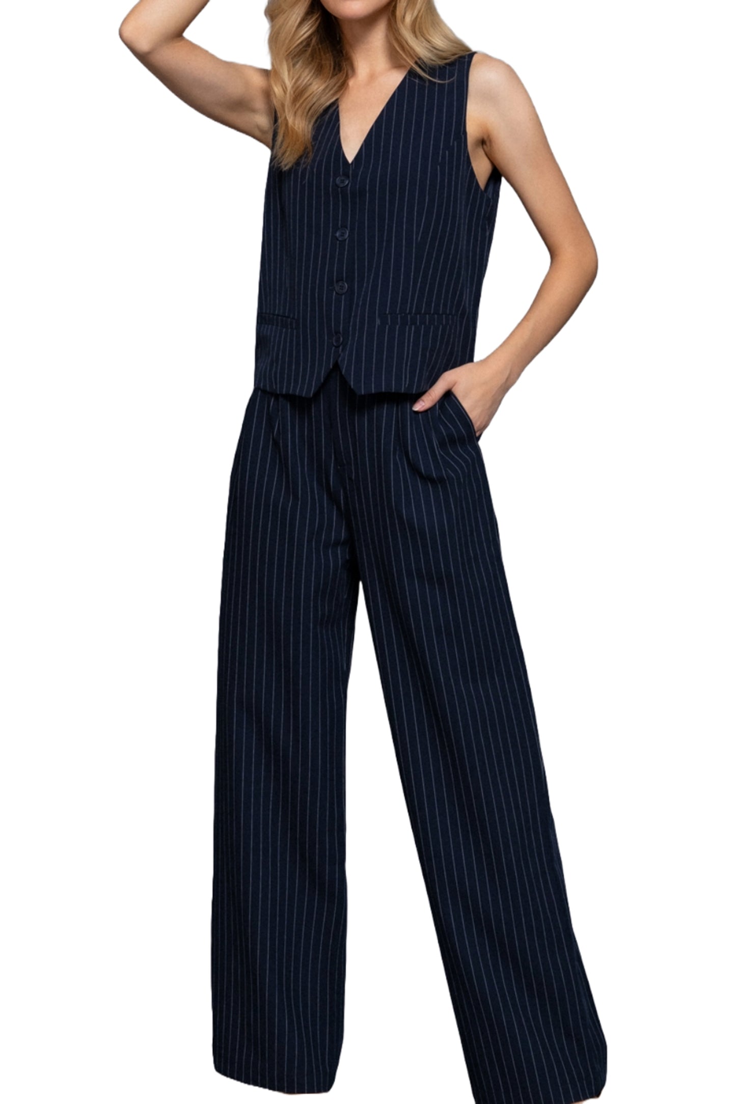 Women's Chic Pinstripe Pants Straight-Leg Design  Durable Woven Fabric