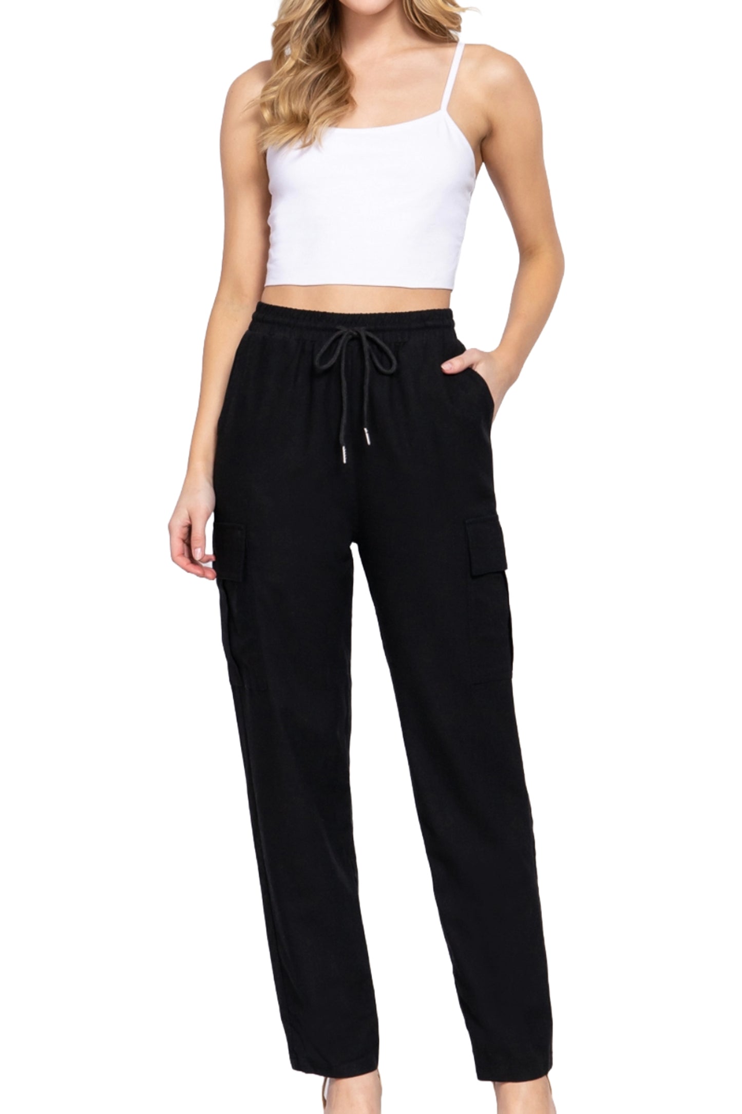 Women's Lightweight Linen Pants Smocked Waistband Cargo Style with Pockets