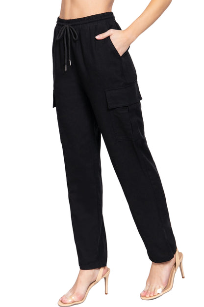 Women's Lightweight Linen Pants Smocked Waistband Cargo Style with Pockets