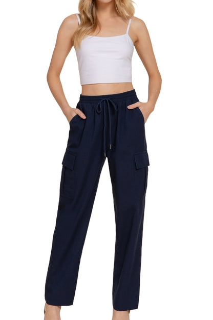 Women's Lightweight Linen Pants Smocked Waistband Cargo Style with Pockets