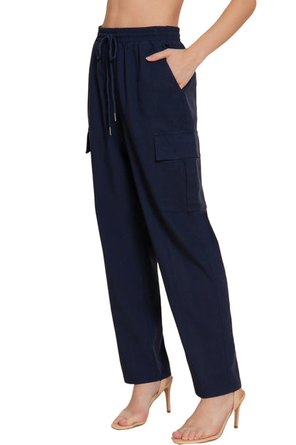 Women's Lightweight Linen Pants Smocked Waistband Cargo Style with Pockets