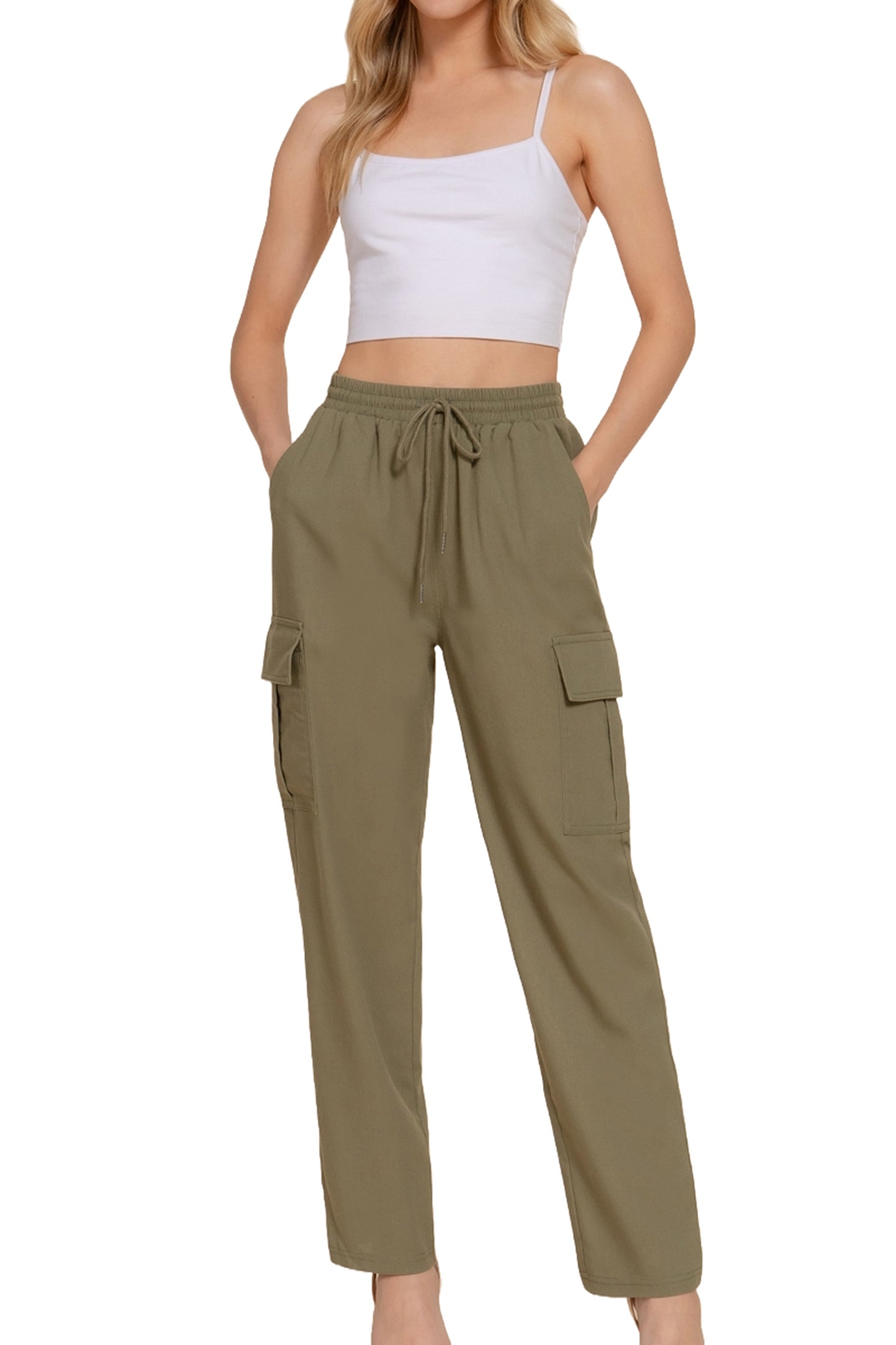 Women's Lightweight Linen Pants Smocked Waistband Cargo Style with Pockets