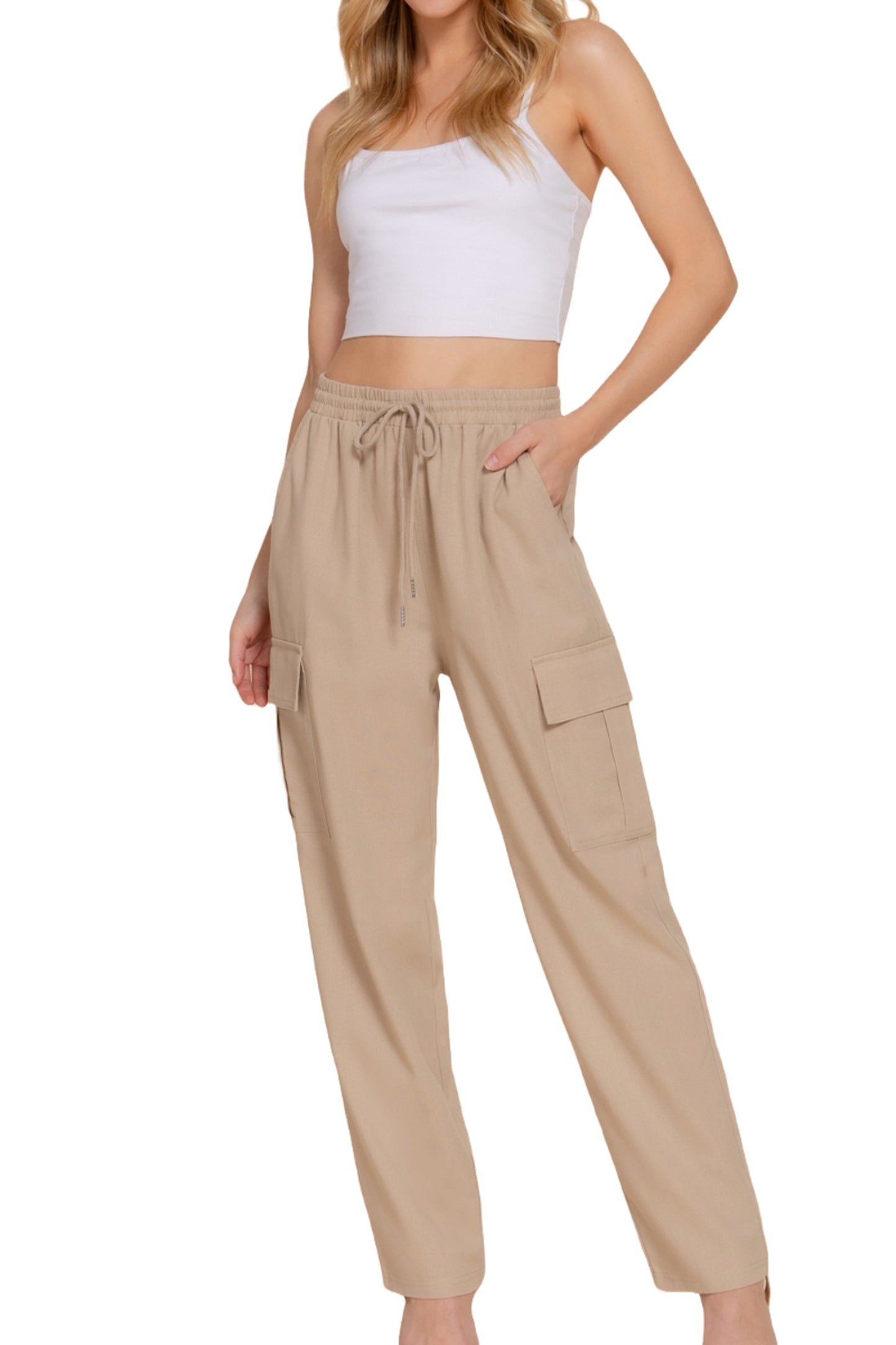 Women's Lightweight Linen Pants Smocked Waistband Cargo Style with Pockets