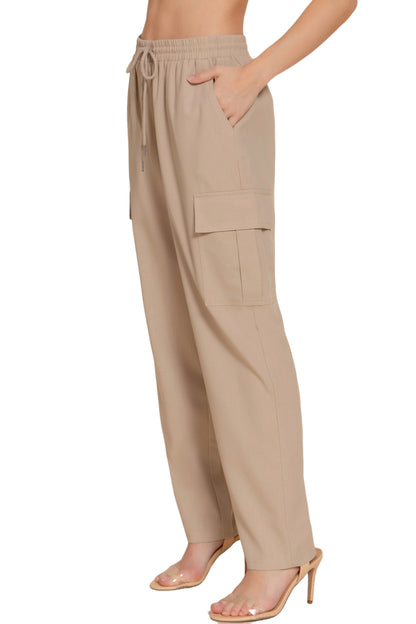 Women's Lightweight Linen Pants Smocked Waistband Cargo Style with Pockets