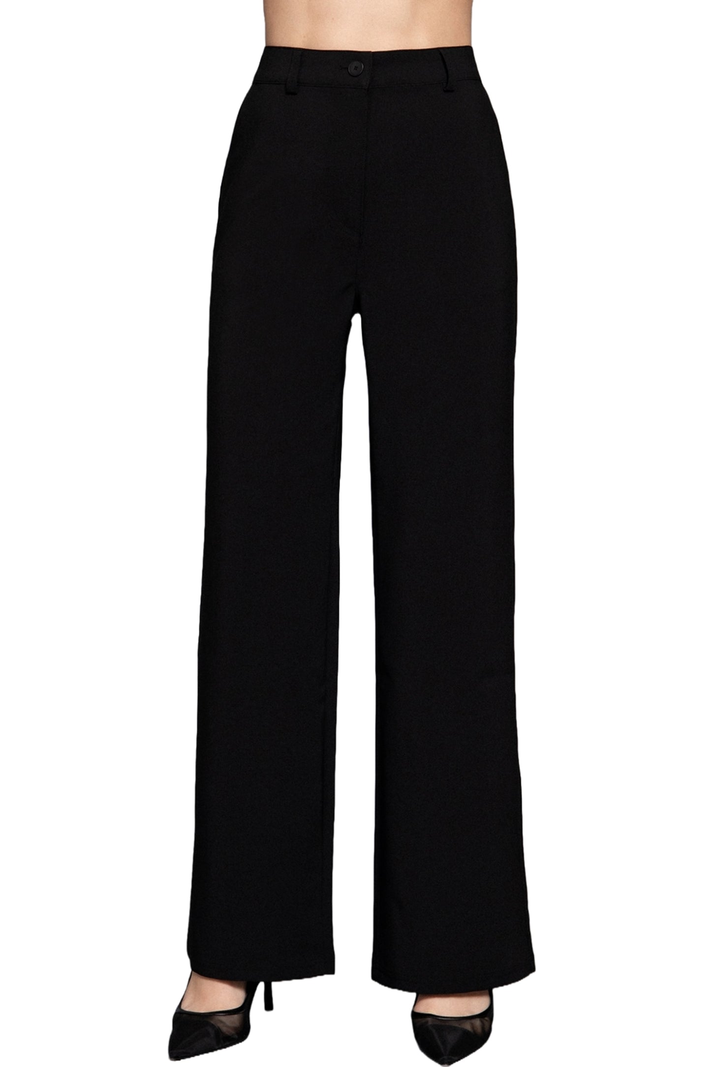 Women's Straight-Leg Woven Pants Back Elastic Detail One Button Closure