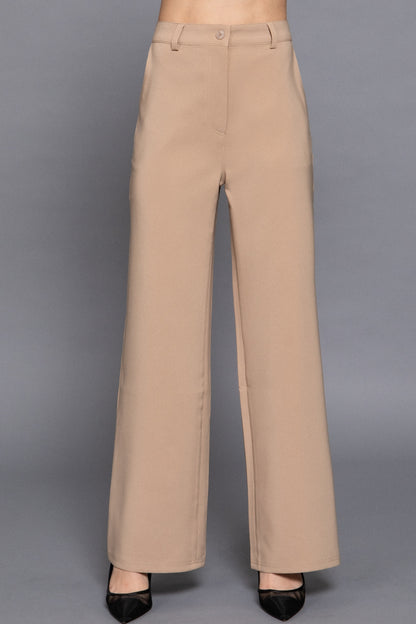 Women's Straight-Leg Woven Pants Back Elastic Detail One Button Closure