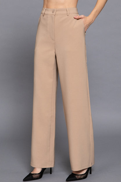 Women's Straight-Leg Woven Pants Back Elastic Detail One Button Closure