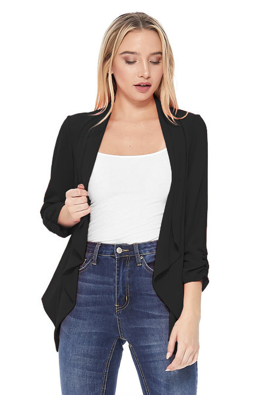 Women's Stylish Open Front Woven Blazer - 3/4 Sleeve Office Cardigan