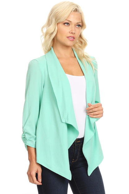 Women's Stylish Open Front Woven Blazer - 3/4 Sleeve Office Cardigan