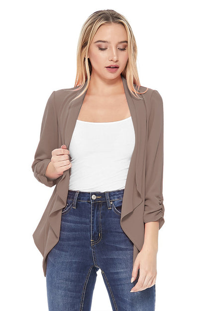 Women's Stylish Open Front Woven Blazer - 3/4 Sleeve Office Cardigan