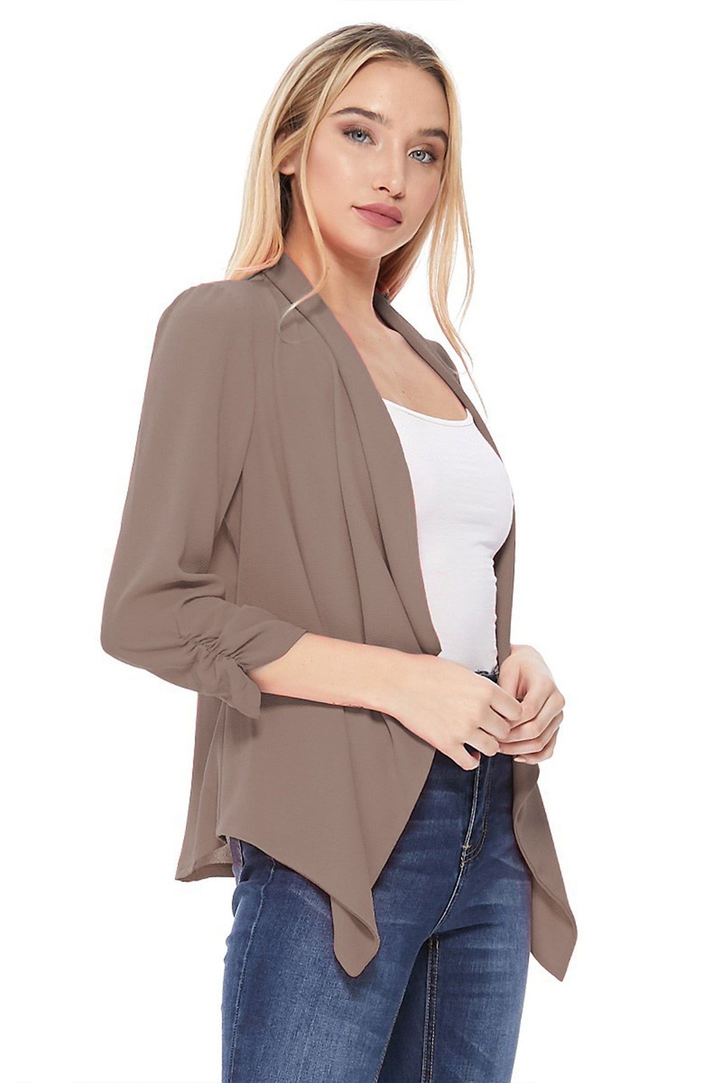 Women's Stylish Open Front Woven Blazer - 3/4 Sleeve Office Cardigan