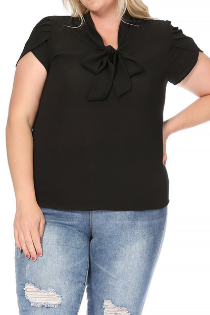 Women's Plus Size Casual Solid Petal Sleeve Bow Tie Neck Short Sleeve Blouse Shirt Top