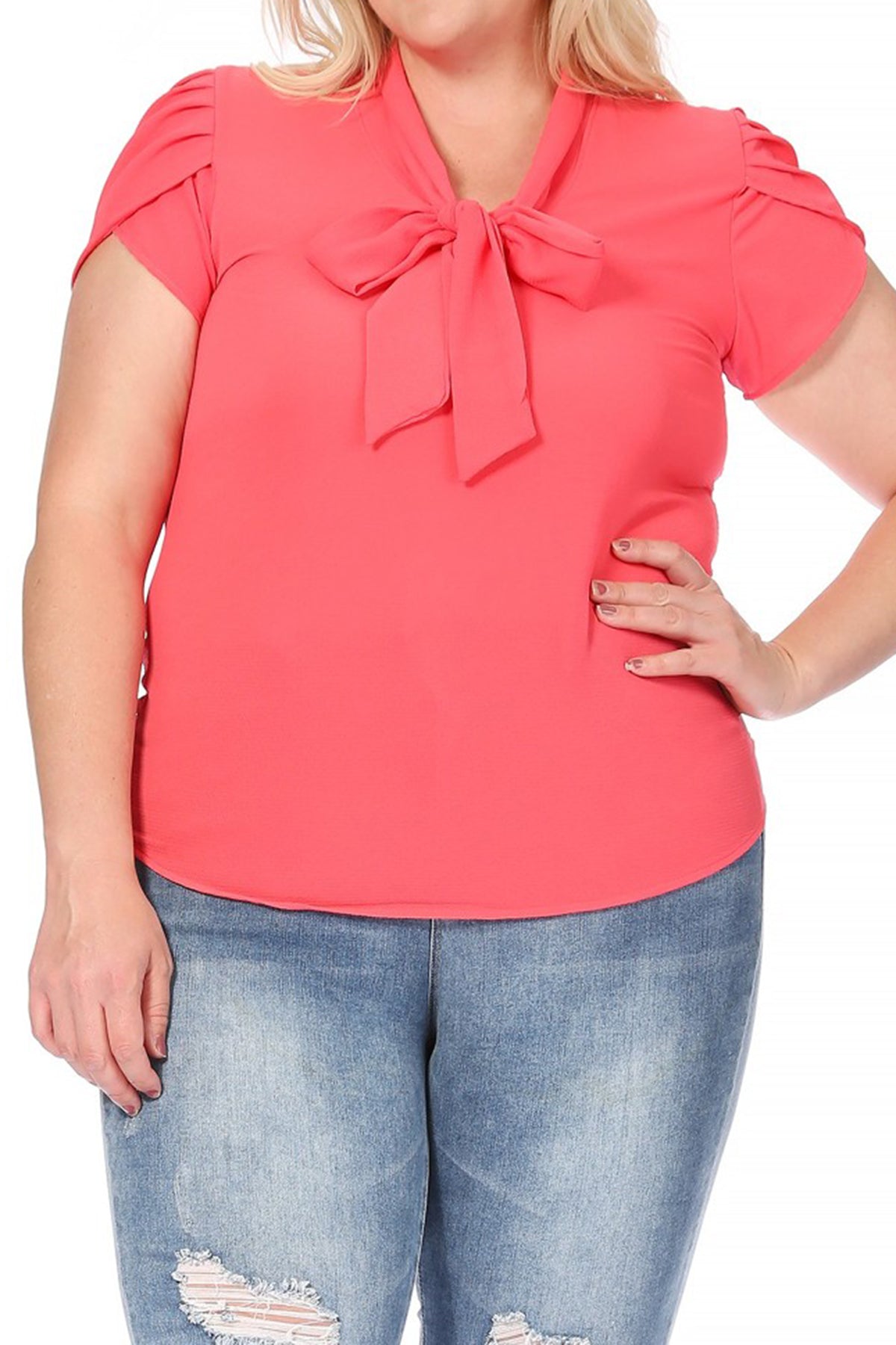 Women's Plus Size Casual Solid Petal Sleeve Bow Tie Neck Short Sleeve Blouse Shirt Top