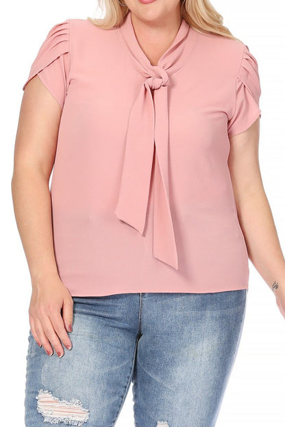 Women's Plus Size Casual Solid Petal Sleeve Bow Tie Neck Short Sleeve Blouse Shirt Top